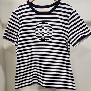 Tory Burch Navy & White Striped Short Sleeve Logo Tee